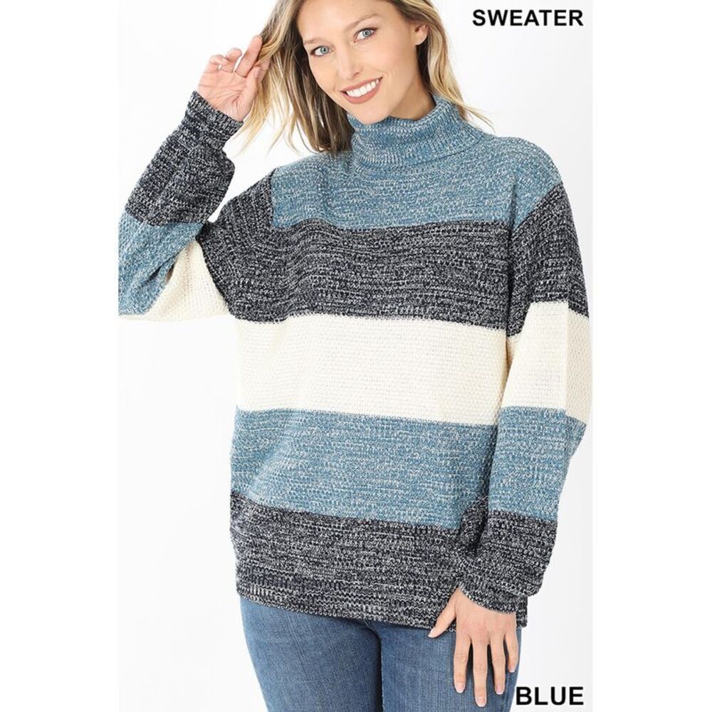 World of Leggings Color Block Striped Turtle Neck Balloon Sleeve Sweater